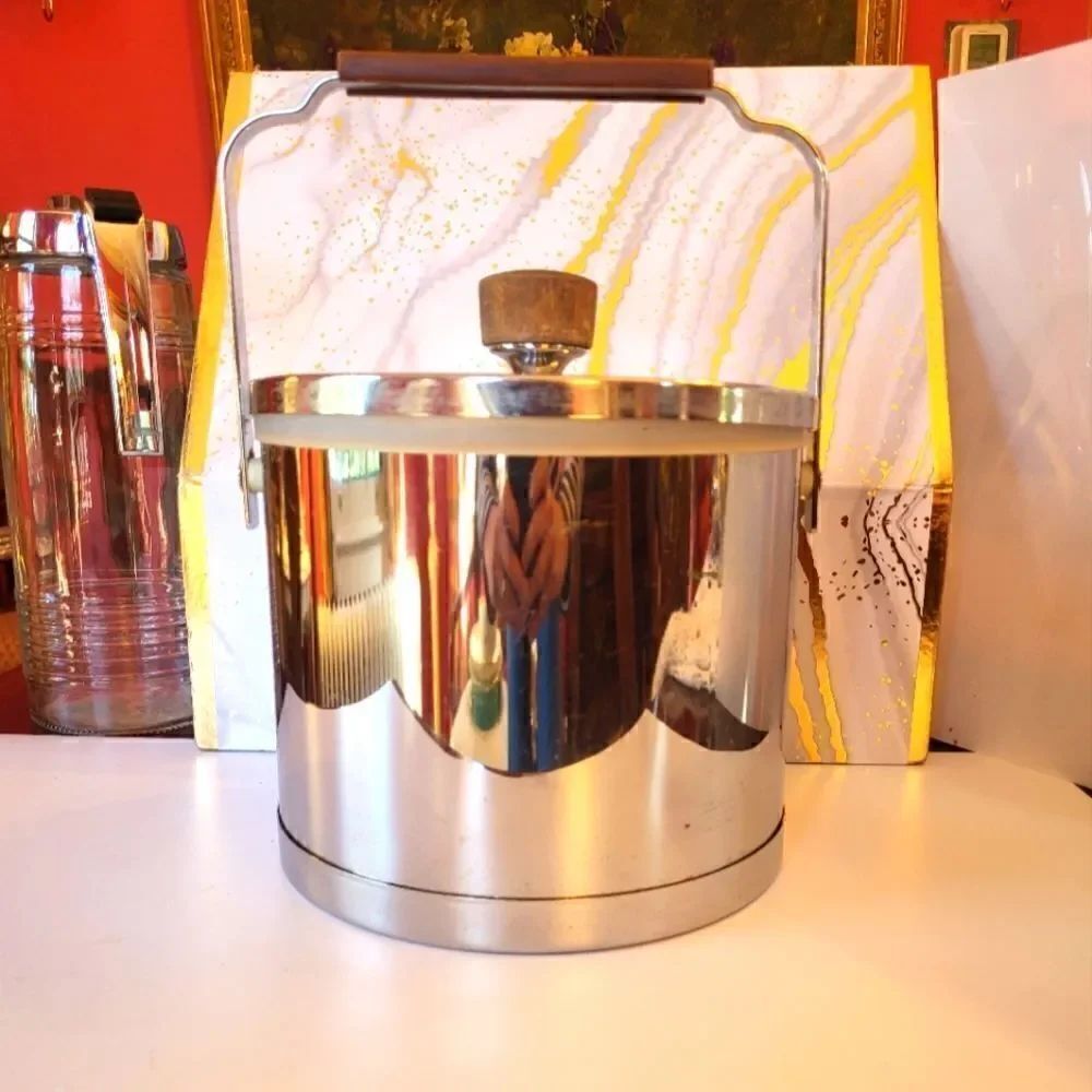 Vintage Pristine Atapco Shiny Chrome Wood Handle/Top Ice Bucket USA '60s